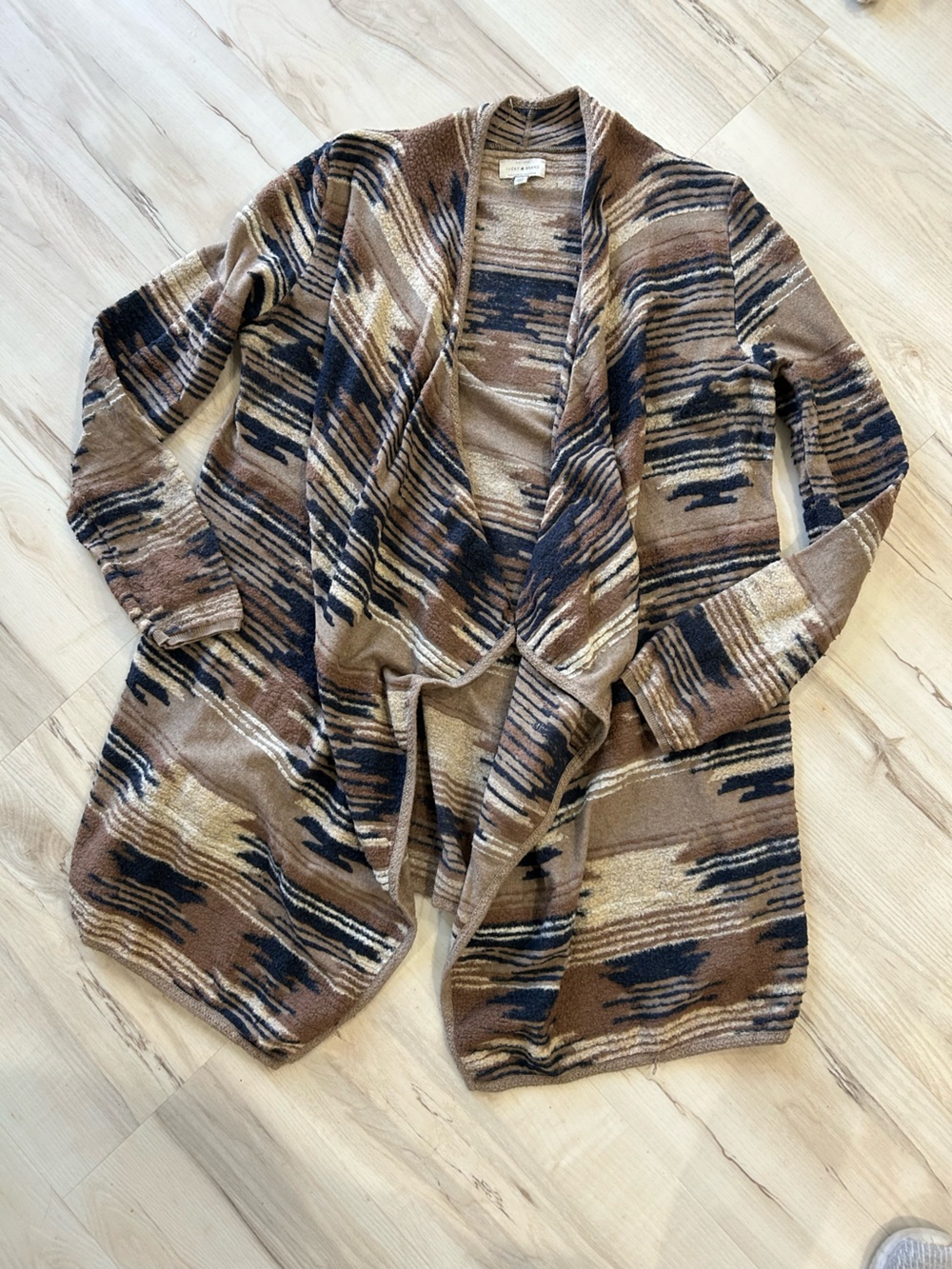 Lucky Brand Brown and Navy Patterned Open-Front Cardigan